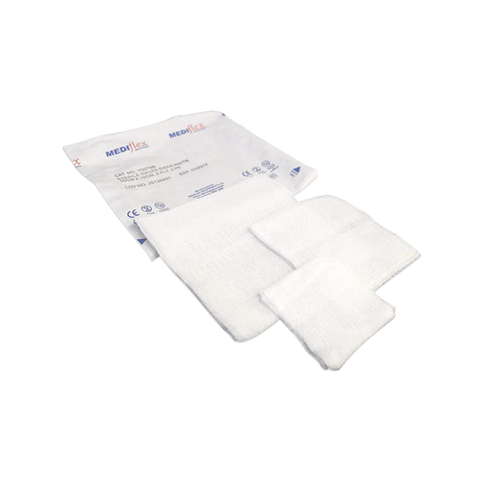 Image of three open gauze swabs overlapping each other and swab pouch packet