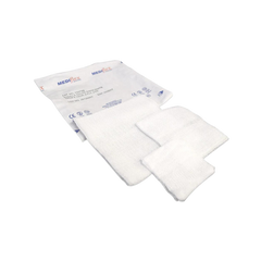 Image of three open gauze swabs overlapping each other and swab pouch packet