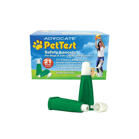 Open and closed PetTest safety lancets in front of PetTest Safety Lancet box