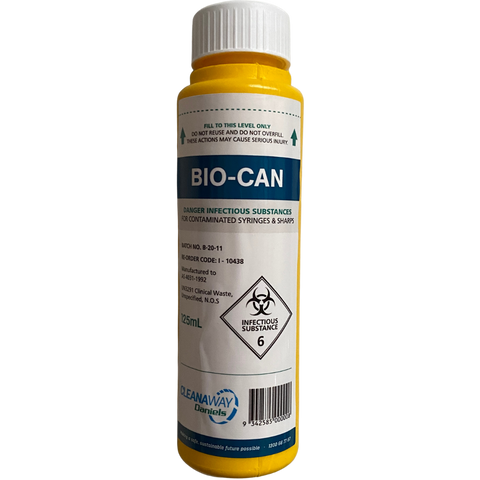 125mL sharps container front with lid on
