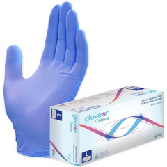 Gloved hand beside box of 200 large gloves