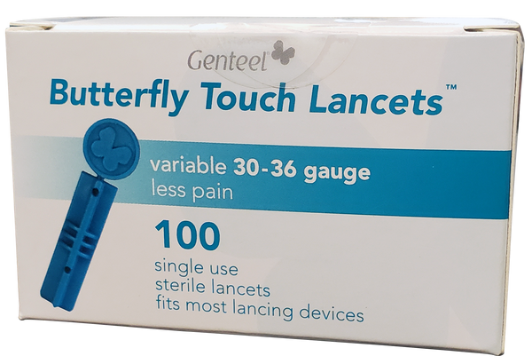 A box of 100 Butterfly Touch Lancets