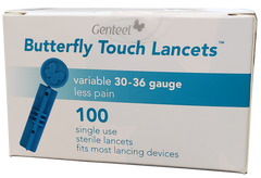A box of 100 Butterfly Touch Lancets