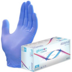 Gloved hand beside box of 180 extra large gloves