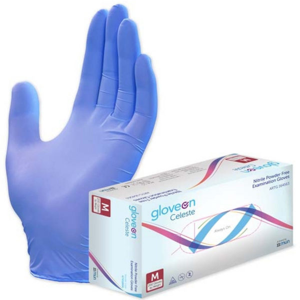 Gloved hand beside box of 200 medium gloves