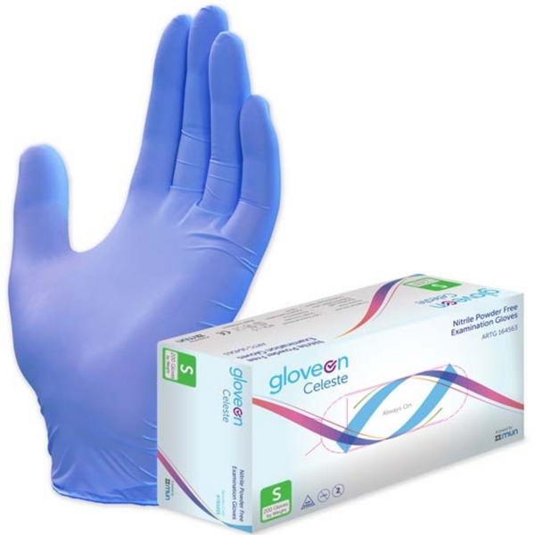 Gloved hand beside box of 200 small gloves