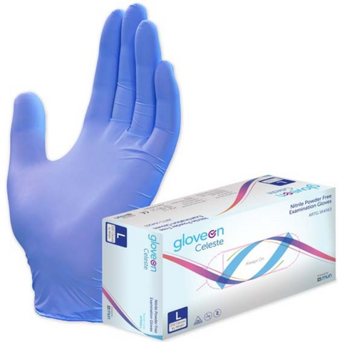Gloved hand beside box of 200 large gloves